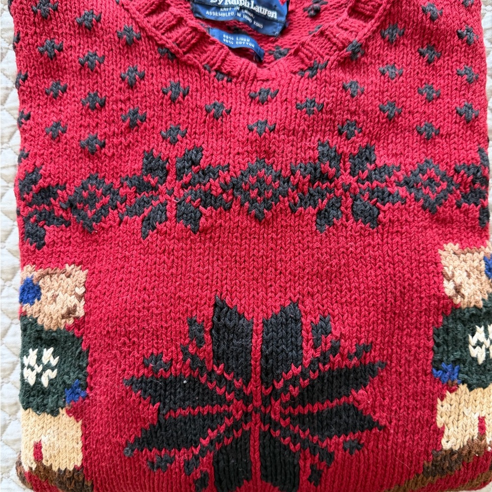 Ralph Lauren Red Crewneck Sweater with Skiing Bear Design - Picture 3 of 11